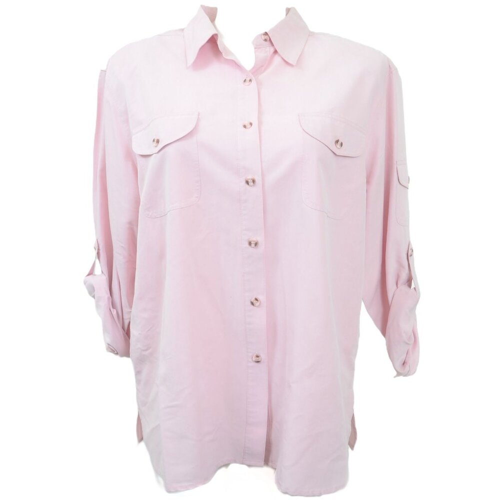 Dressbarn‎ Women's PLUS Size 2X Pink Roll Tab Long Sleeve Camp Shirt Blouse